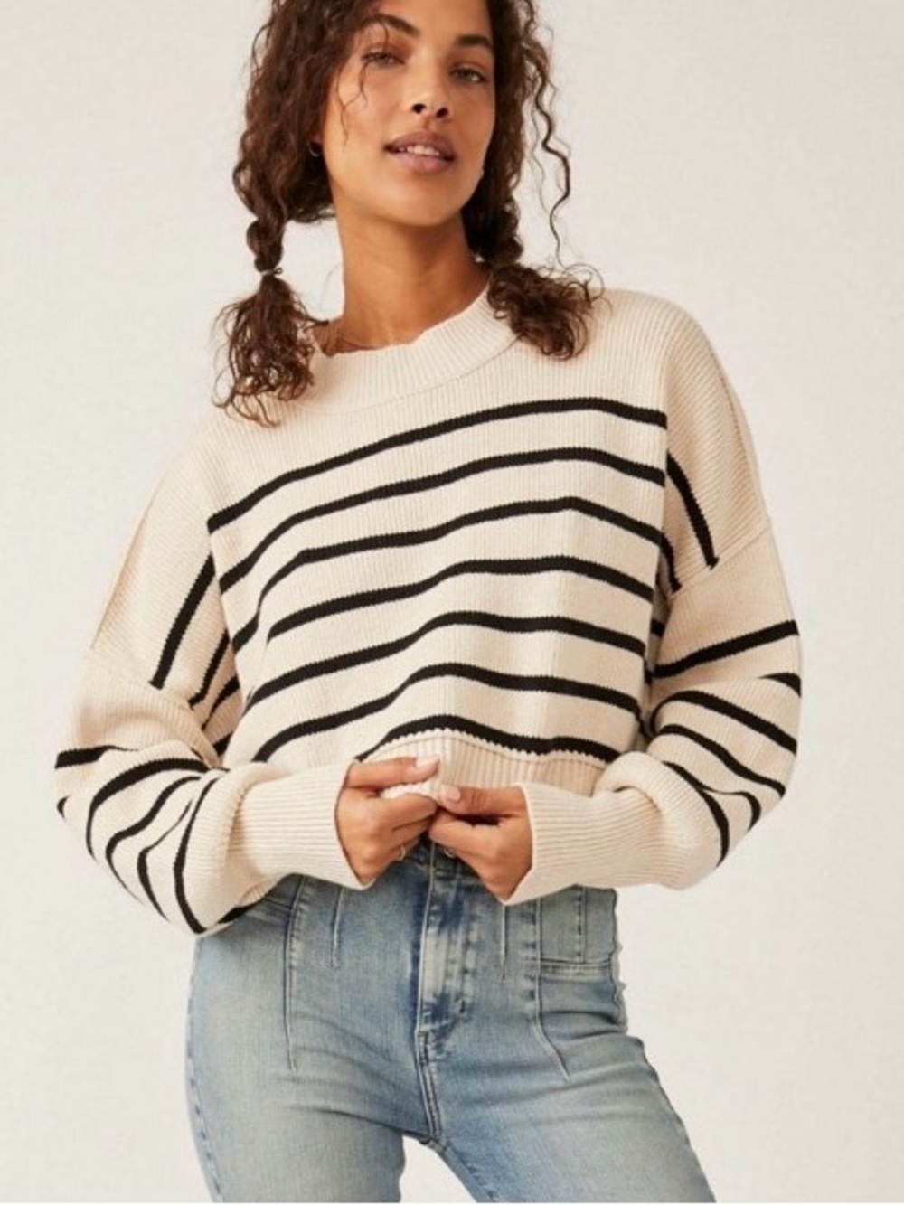 Free People Striped Cropped Sweater Cream Black Oversized Knit - like new!